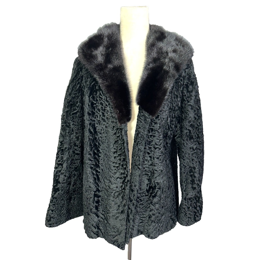 Vintage 60s Black Karakul Lamb Swing Coat Size Mink Collar Mod Glam Luxurious